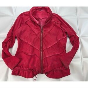 Yest Womens Sz 16 Red Ruched Ruffled Full Zip Jacket Tiered Grunge Marbled Chic
